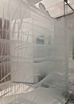 Semi-Private Shower Enclosure with Sandblast Etched Glass Art by Sans Soucie Featuring Beach Grass Landscapes Design