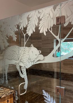 Shower Enclosure with Frosted Glass Wildlife Cheetah Design by Sans Soucie