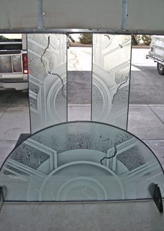 Window with a sandblast Frosted Glass Geometric Design Custom-Designed Decorative Etched Glass