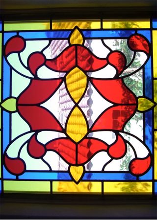 Window featuring a Frosted Glass Traditional Design Sandblast Etched Glass Alhambra Red Design by Sans Soucie
