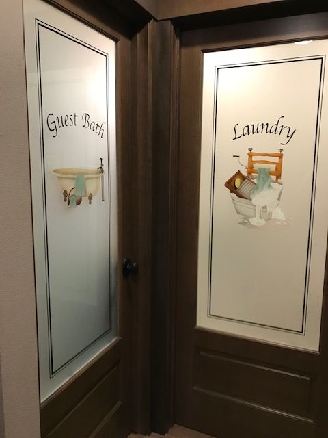 Custom laundry room glass door with art design and privacy