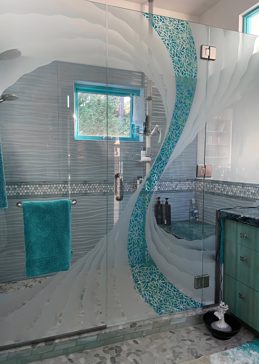 Shower Enclosure with Frosted Glass Abstract Cyclone Blue Design by Sans Soucie