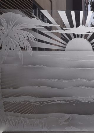 Window with a Frosted Glass Palm Sunset Rays Tree Design for Semi-Private by Sans Soucie Art Glass