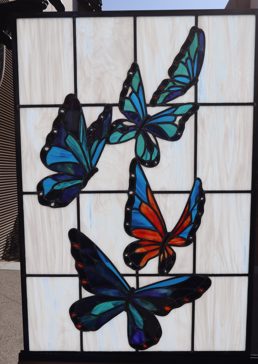 Window with a Frosted Glass Monarch Wildlife Design for Semi-Private by Sans Soucie Art Glass