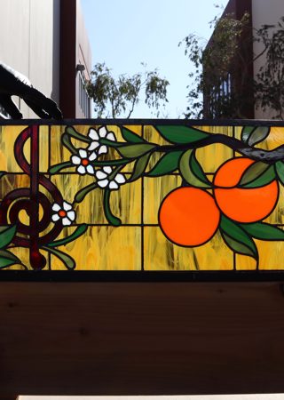 Window featuring Frosted Glass Design Etched Glass by Sans Soucie Art Glass with Custom Foliage Design Oranges