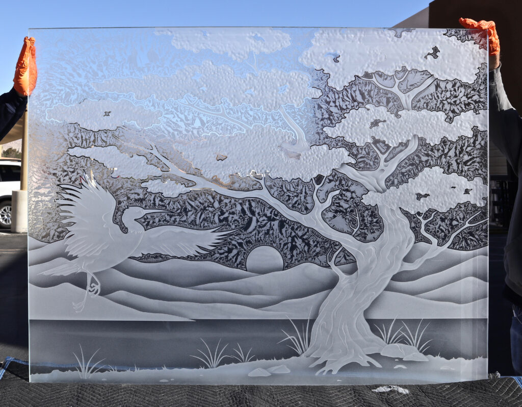 Decorative Bonsai glass partition panel with dancing egret, frosted landscape, and textured artistic background