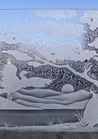 Window with a Frosted Glass Bonsai Dancing Egret Asian Design for Semi-Private by Sans Soucie Art Glass