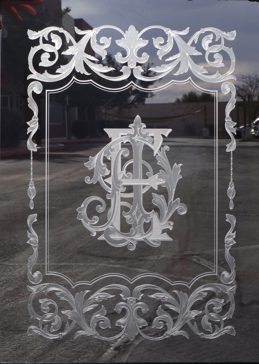 Window with Frosted Glass Traditional Fleur de Lis Monogram Design by Sans Soucie