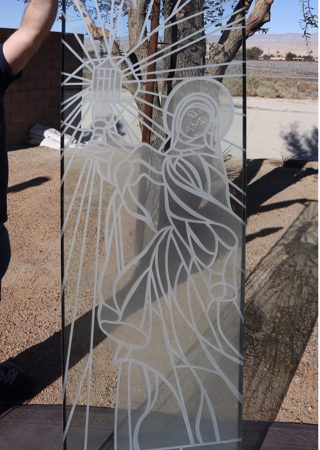 Window showcasing a Frosted Glass Liturgical Design with Sandblast Etched Glass Art by Sans Soucie St. Clare of Assisi Design