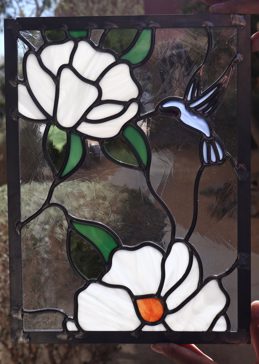 Art Glass Window Featuring Sandblast Frosted Glass by Sans Soucie for Semi-Private with Wildlife Hummingbird Magnolia Design
