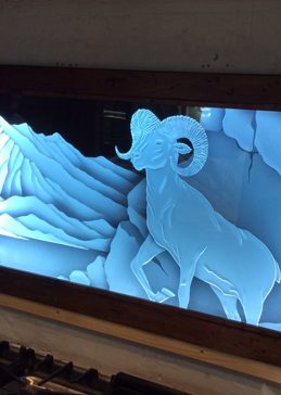 Handmade Sandblasted Frosted Glass Edge Lit Glass for Semi-Private Featuring a Wildlife Design Bighorn by Sans Soucie