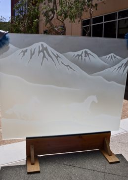 Handmade Sandblasted Frosted Glass Divider for Private Featuring a Western Design Galloping in the Vistas by Sans Soucie