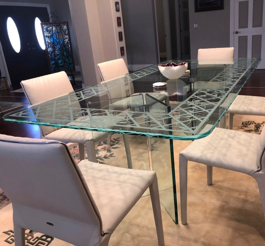 Custom glass table top from Sans Soucie Art Glass Studios.