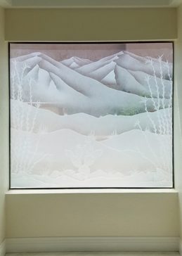 Art Glass Window Featuring Sandblast Frosted Glass by Sans Soucie for Semi-Private with Desert Ocotillo Pear Cactus Design