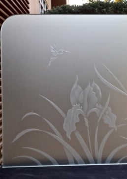 Handmade Sandblasted Frosted Glass Divider for Private Featuring a Floral Design Iris Hummingbird by Sans Soucie