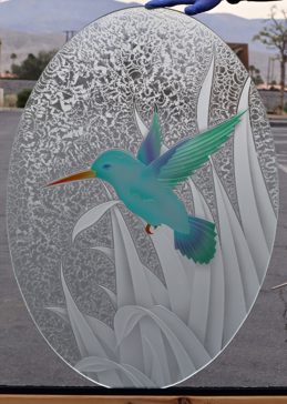 Handcrafted Etched Glass Window by Sans Soucie Art Glass with Custom Tropical Design Called Hummingbird Curiosity Creating Semi-Private
