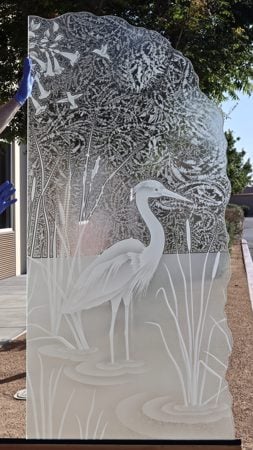 Shower Partition with Frosted Glass Wildlife Standing Egret Design by Sans Soucie