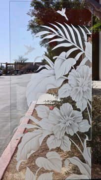 Handmade Sandblasted Frosted Glass Divider for Semi-Private Featuring a Tropical Design Hibiscus Anthurium by Sans Soucie
