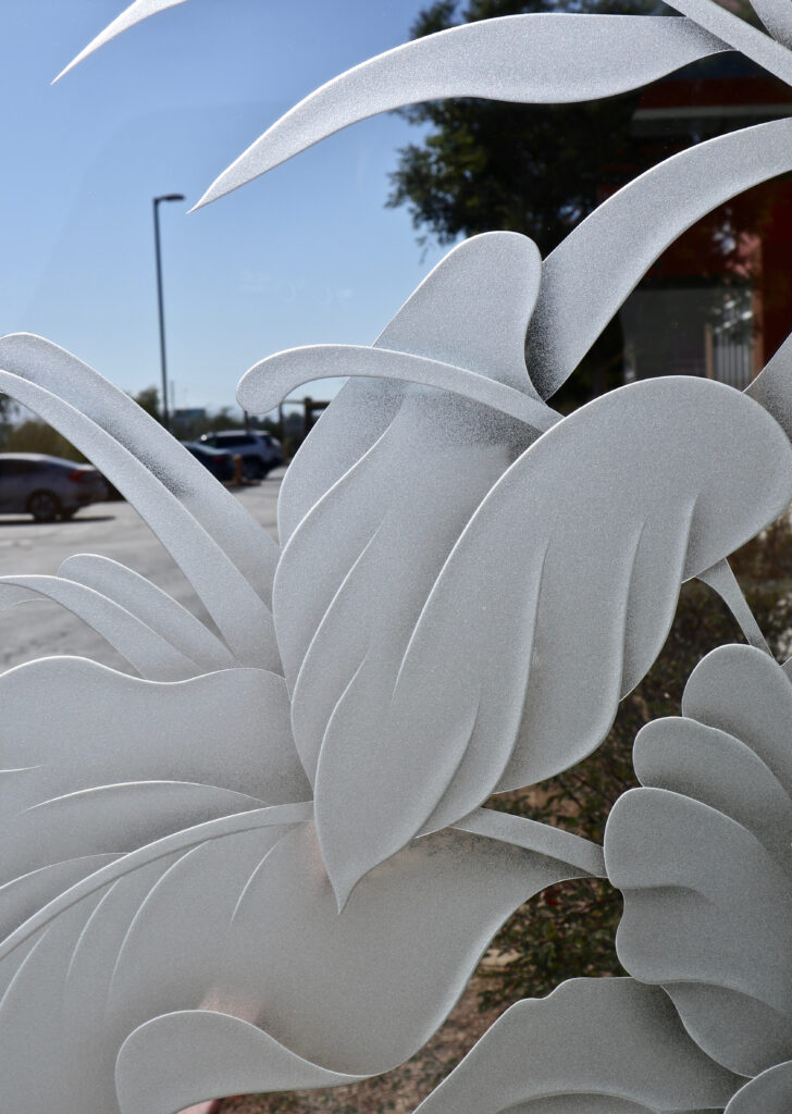 A closer look at 3D carved glass art Hibiscus Anthurium.