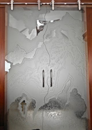 Glass Barn Door featuring Frosted Glass Design Etched Glass by Sans Soucie Art Glass with Custom Abstract Design Glacier's End