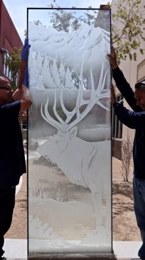 Handcrafted Etched Glass Window by Sans Soucie Art Glass with Custom Wildlife Design Called Elk Creating Semi-Private