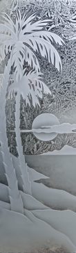 Handcrafted Etched Glass Interior Insert by Sans Soucie Art Glass with Custom Palm Trees Design Called Palm Sunset Creating Semi-Private