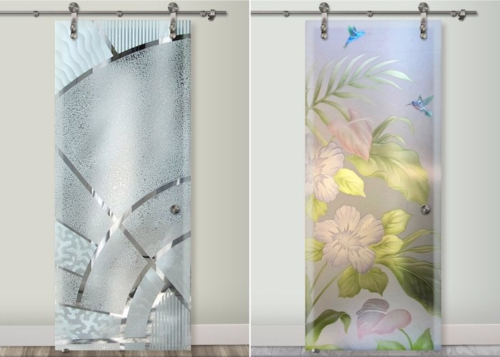 frosted glass barn door with modern geometric design sliding glass barn door tropical hibiscus anthurium painted glass by sans soucie