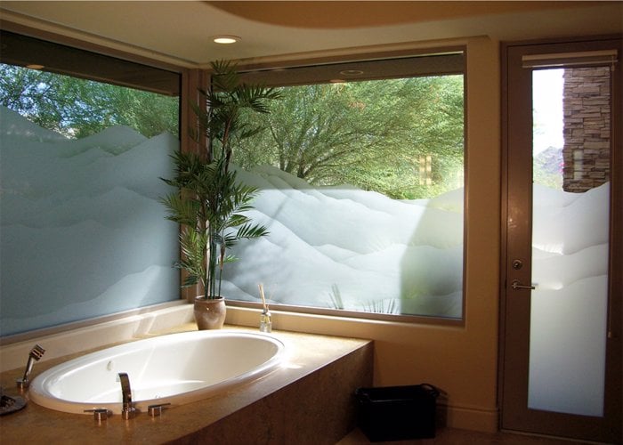 frosted glass window with mountain scene across two windows and door glass etched glass by sans soucie art glass