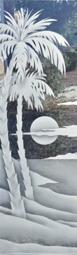 Handcrafted Etched Glass Interior Insert by Sans Soucie Art Glass with Custom Palm Trees Design Called Palm Sunset Creating Semi-Private
