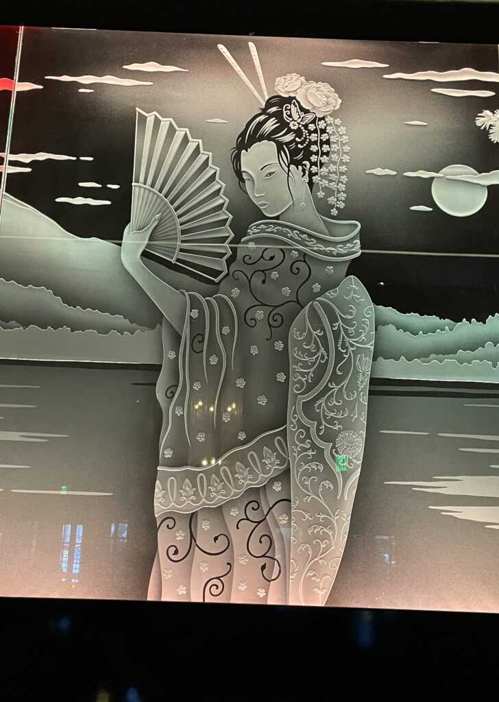 geisha in beautiful landscape mount fuji frosted carved glass by sans soucie