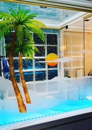 Shower Enclosure featuring Frosted Glass Design Etched Glass by Sans Soucie Art Glass with Custom Palm Trees Design Palm Sunset