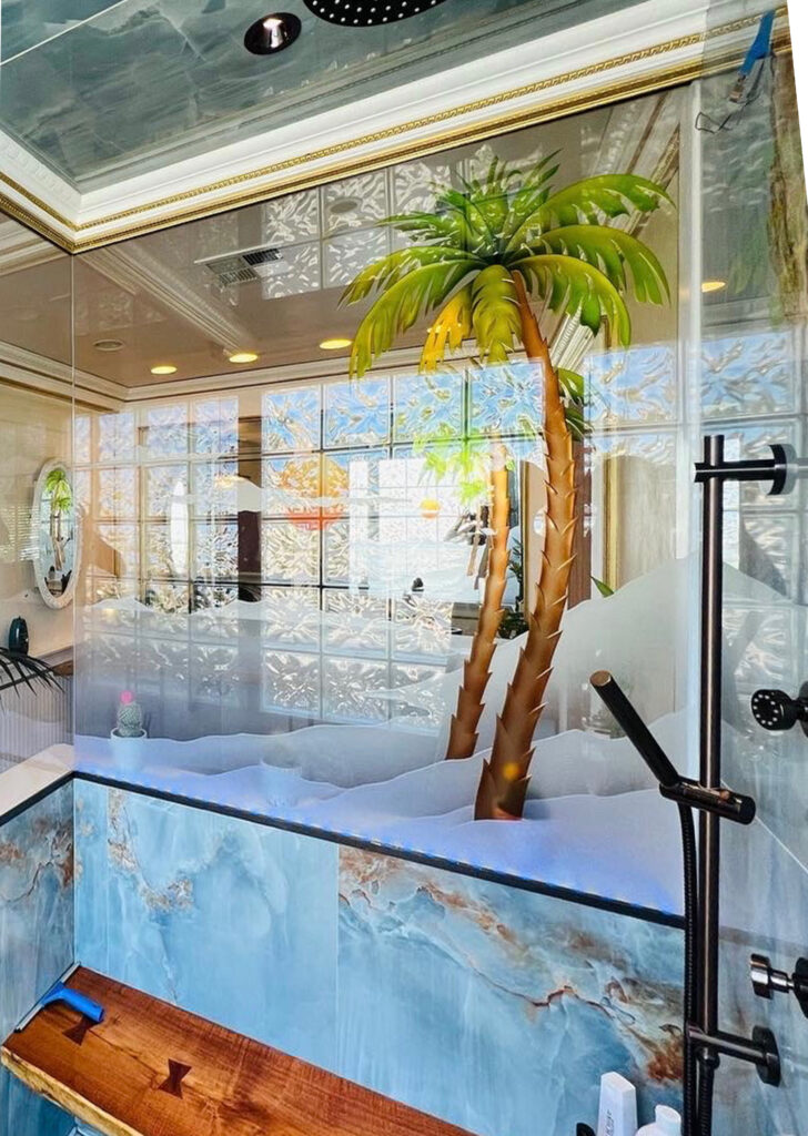 Frosted glass shower panel shower glass panel frosted carved palm trees sunset on island