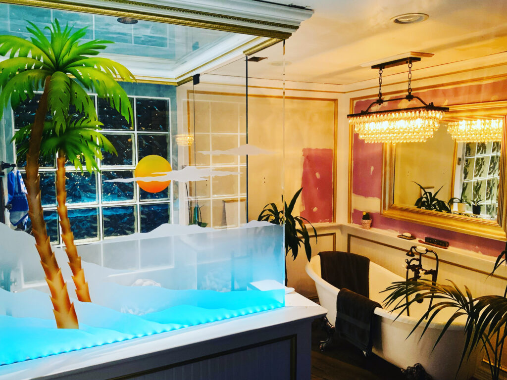 Palm Sunset Not Private 3D Enhanced Painted Clear Shower Enclosure Frosted Glass Shower Door Sans Soucie
