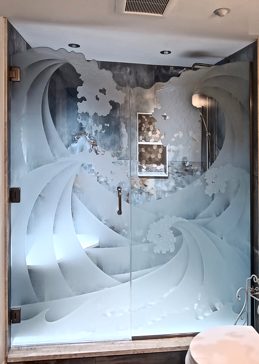 Custom-Designed Decorative Shower Enclosure with Sandblast Etched Glass by Sans Soucie Art Glass Handcrafted by Glass Artists