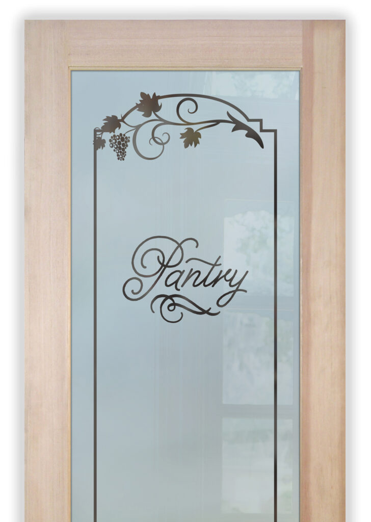 pantry door frosted glass grape ivy design with the word pantry and a border sandblast frosted glass for privacy