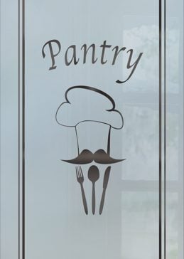 Art Glass Pantry Insert Featuring Sandblast Frosted Glass by Sans Soucie for Semi-Private with Italian Chef Chefs Hat Design