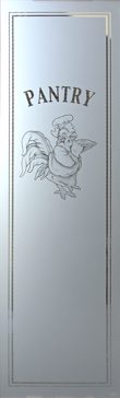 Handcrafted Etched Glass Pantry Insert by Sans Soucie Art Glass with Custom Country Farmhouse Design Called Rooster Chef Creating Semi-Private