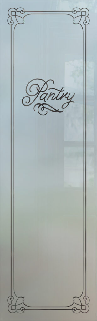 Decorative frosted glass pantry door insert with ornate corner border and “Pantry” script