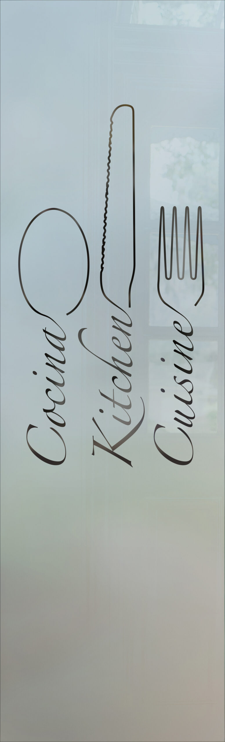 Frosted glass pantry door insert with etched spoon, knife, and fork kitchen design