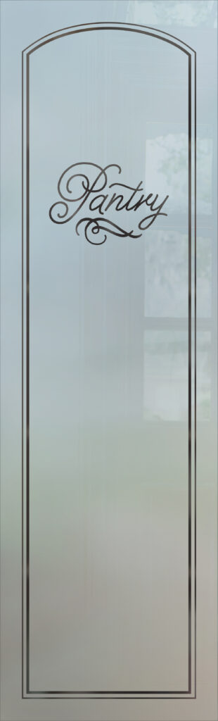 Frosted glass pantry door insert with arched border and elegant “Pantry” script