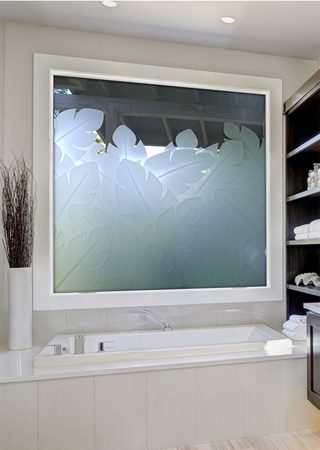 Window featuring a Frosted Glass Tropical Design Sandblast Etched Glass Banana Leaves Design by Sans Soucie