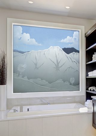 Window with a sandblast Frosted Glass Desert Design Custom-Designed Decorative Etched Glass