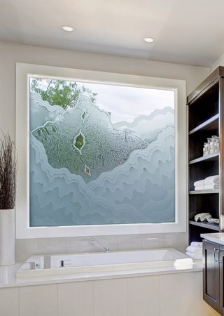 Window showcasing a Frosted Glass Abstract Design with Sandblast Etched Glass Art by Sans Soucie Rugged Retreat Design