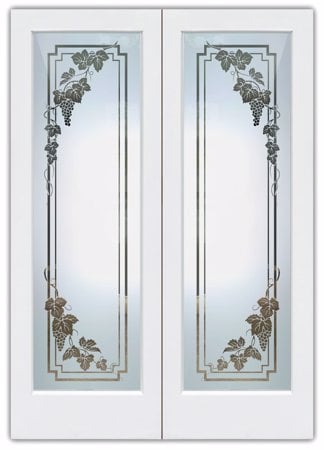 Pantry Door featuring a Frosted Glass Grapes & Ivy Design Sandblast Etched Glass Vineyard Grapes Cascade Pair Design by Sans Soucie