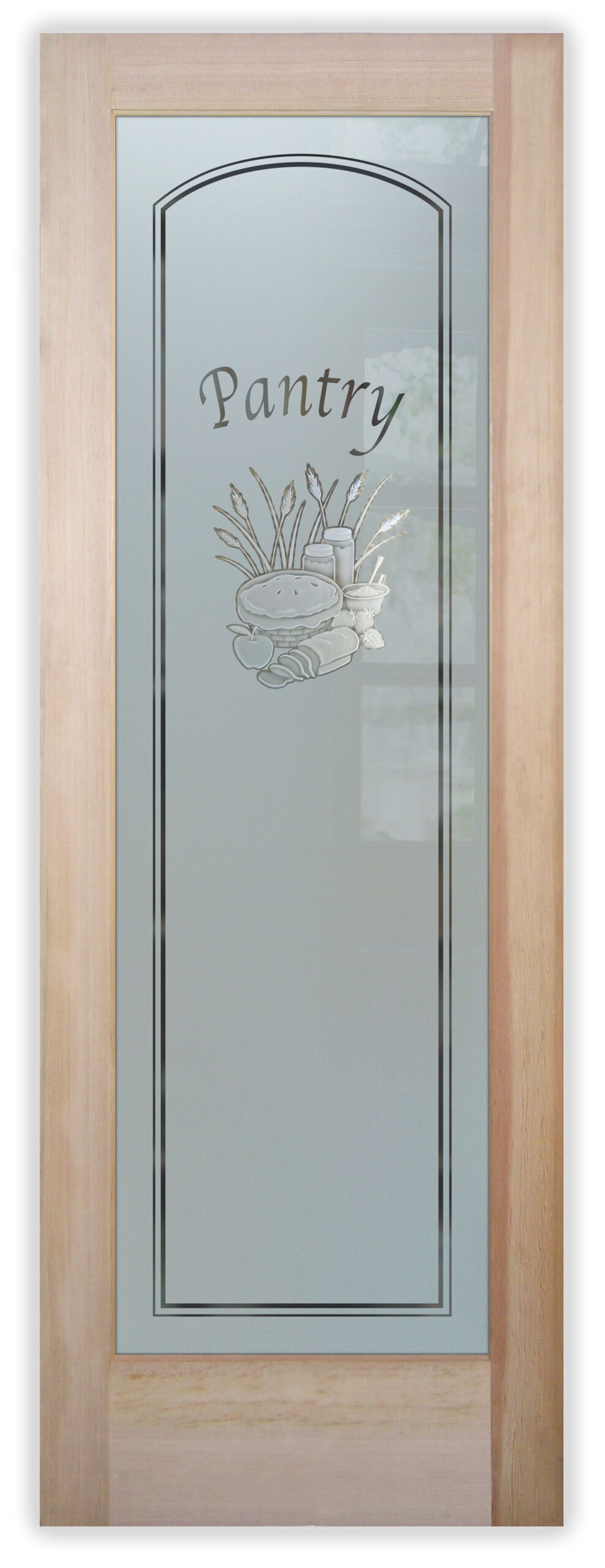 Solid frosted glass pantry door with deeply carved, sculpted produce design and "Pantry" text for a dimensional effect.