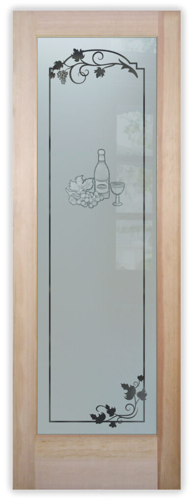 Glass pantry door with wine bottle and grapes design and decorative scroll border
