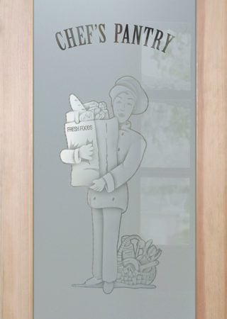 Pantry Door showcasing a Frosted Glass Italian Chef Design with Sandblast Etched Glass Art by Sans Soucie Pastry Chef Design