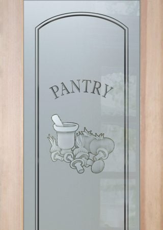 Pantry Door showcasing a Frosted Glass Country Farmhouse Design with Sandblast Etched Glass Art by Sans Soucie Stone Mill Design
