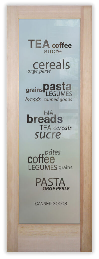 Frosted glass pantry door with pantry words design featuring coffee, pasta, and cereals text