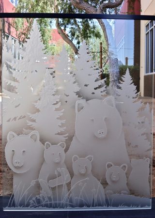 Window showcasing a Frosted Glass Wildlife Design with Sandblast Etched Glass Art by Sans Soucie Bear Family Photo Design